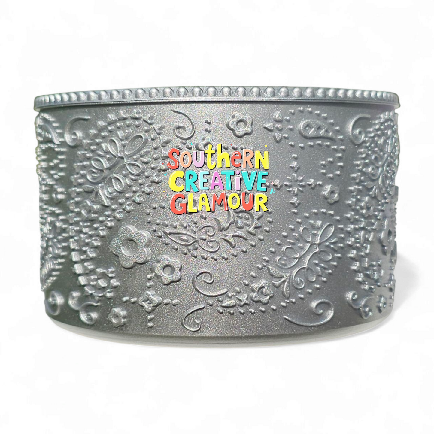 Silver Shimmer Paisley Textured 3D Silicone Tumbler Boot by Southern Creative Glamour 
