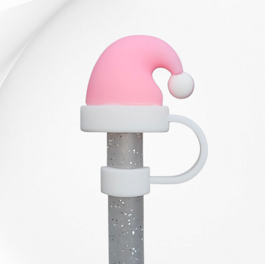 Sizzling Pink Christmas Santa Hat 3D Silicone Straw Topper. 