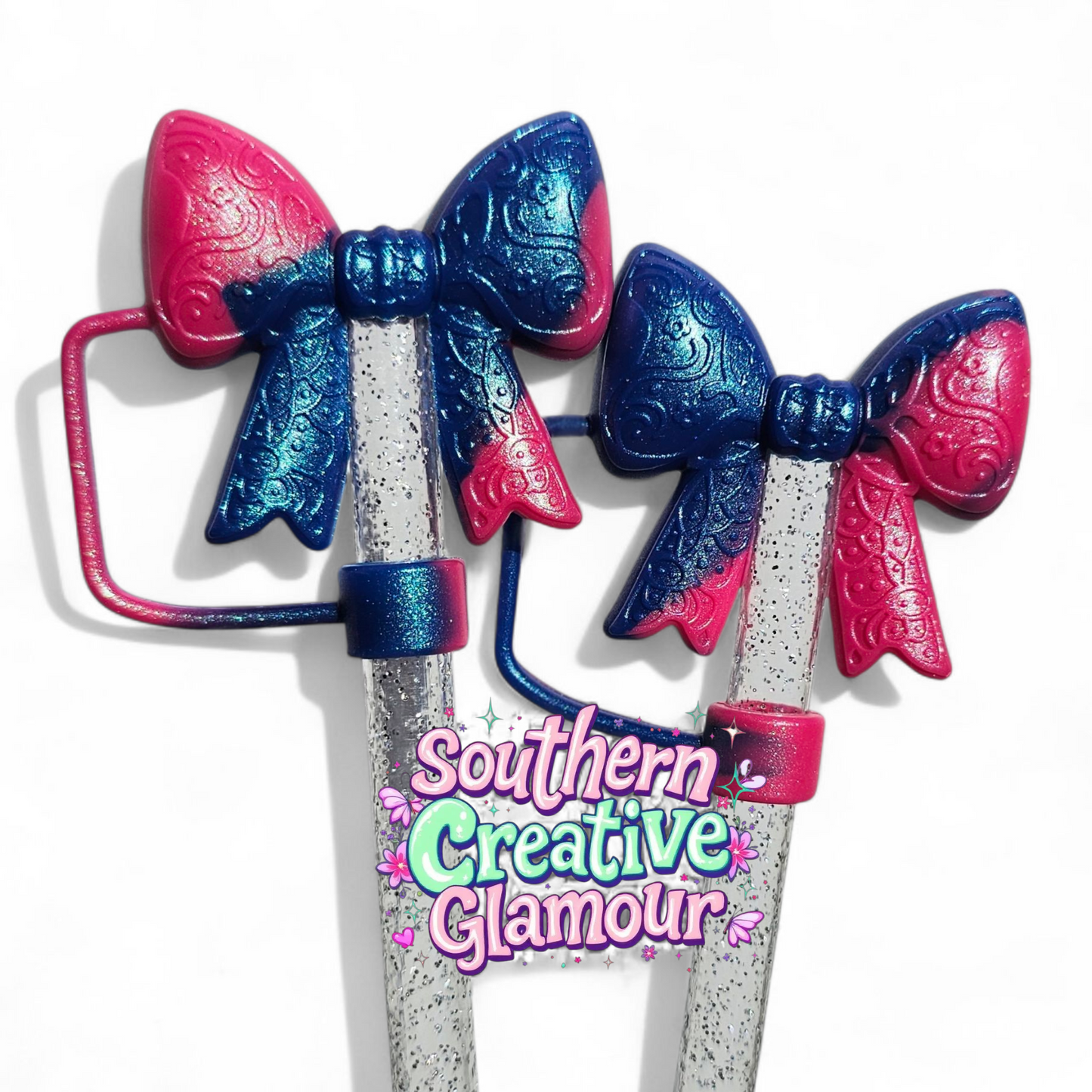 Berry Truffle Pink Shimmer Paisley 3D Bow Silicone 10mm Straw Topper | Straw Cover by Southern Creative Glamour 