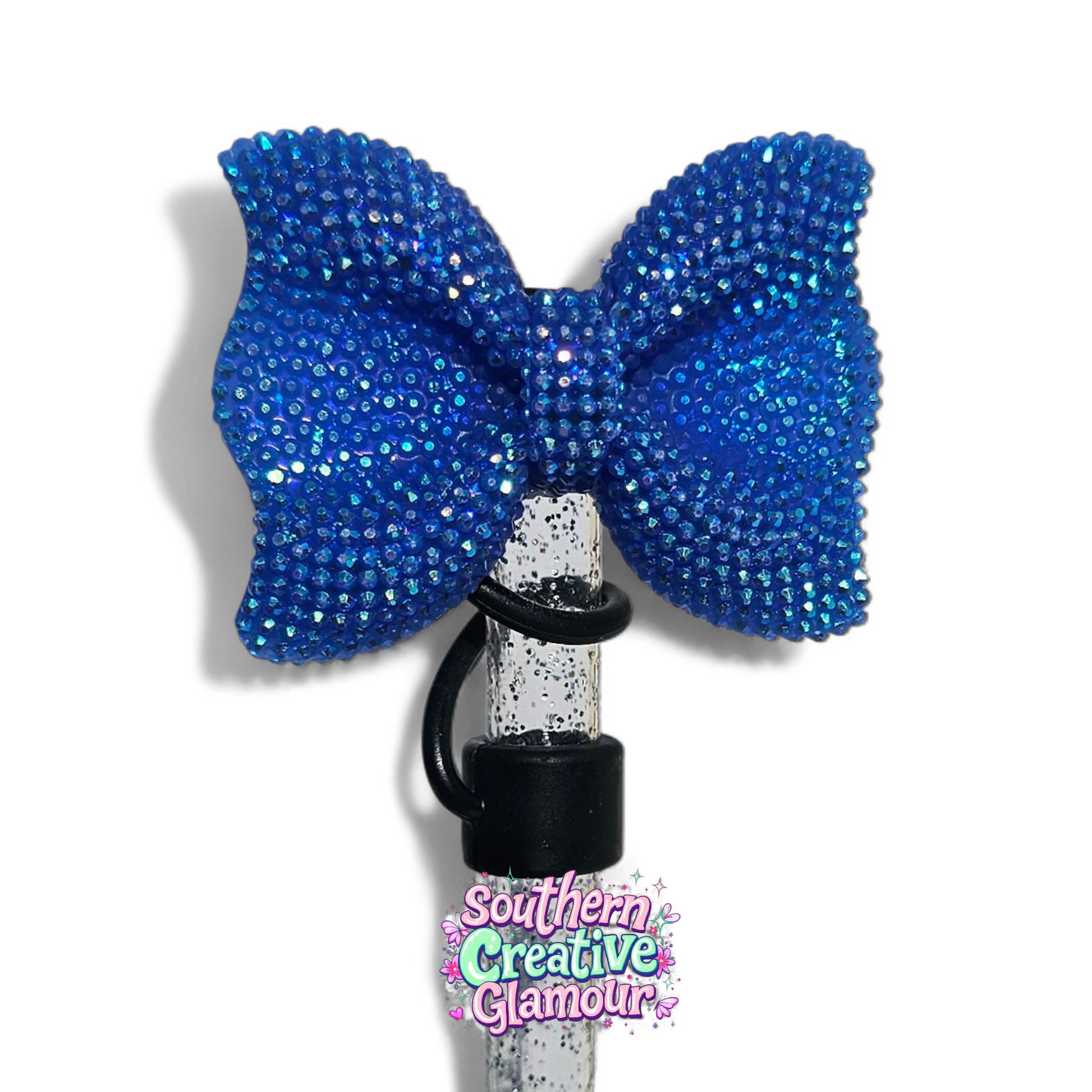 Blue Glitter Bow Silicone 10mm Straw Topper | Straw Cover by Southern Creative Glamour 