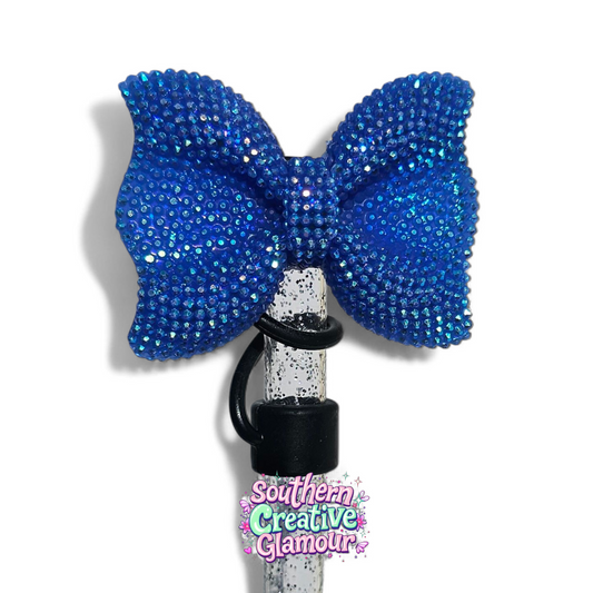 Blue Glitter Bow Silicone 10mm Straw Topper | Straw Cover by Southern Creative Glamour 
