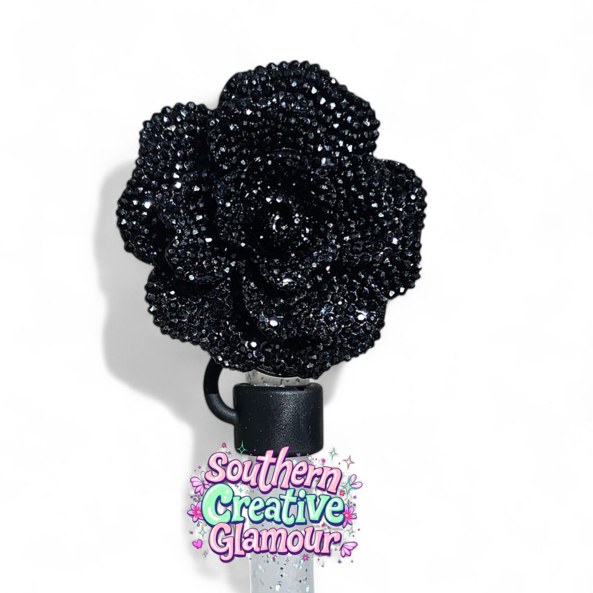 Black Glitter Rose 10mm Straw Topper by Southern Creative Glamour 