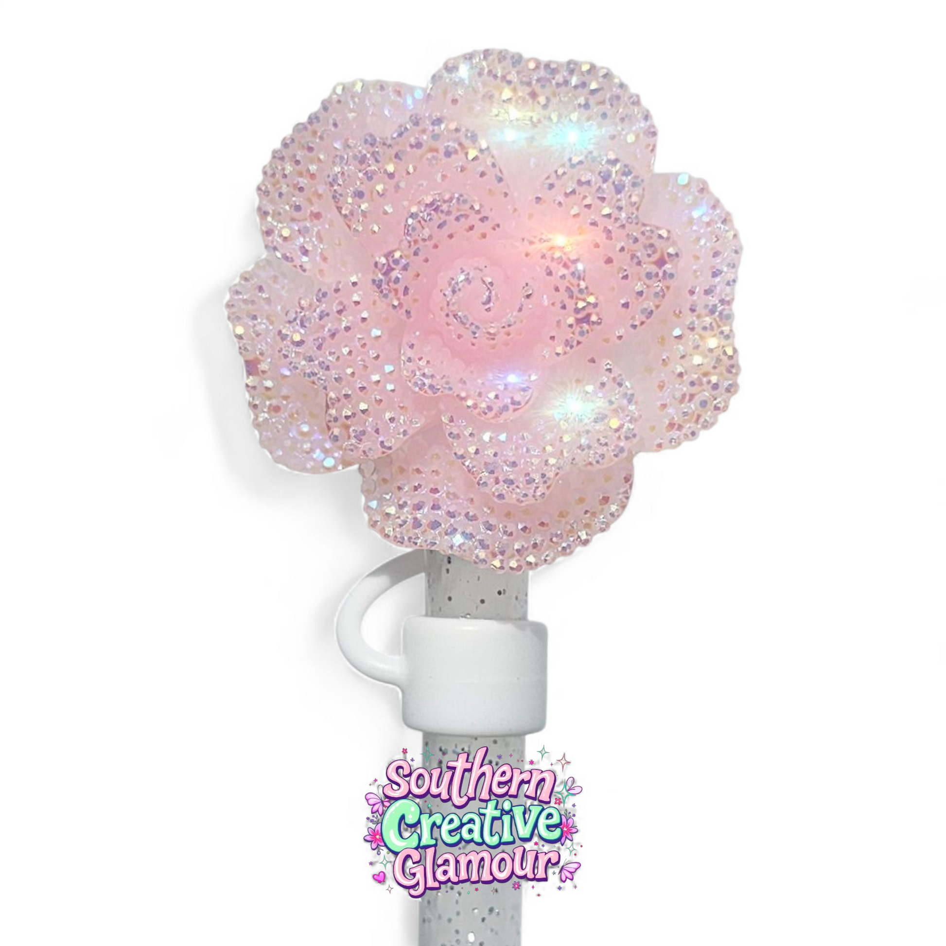 Bloom Pink Glitter Rose Silicone 10mm Straw Topper | Straw Cover by Creative Glamour 