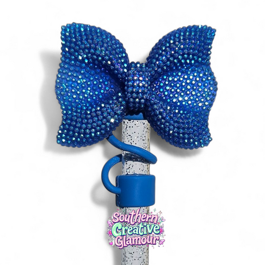 Blue Glitter Bow Silicone 10mm Straw Topper | Straw Cover by Southern Creative Glamour 