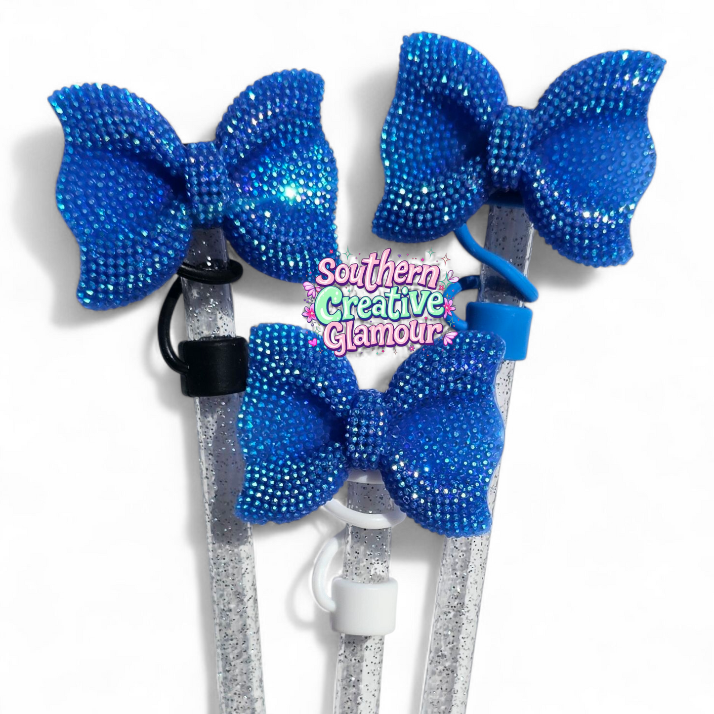 Blue Glitter Bow Silicone 10mm Straw Topper | Straw Cover by Southern Creative Glamour 