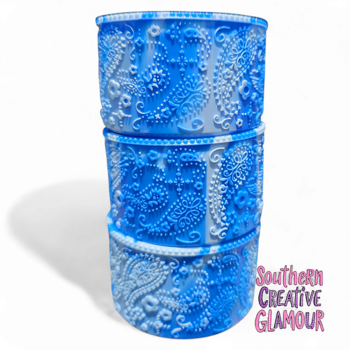 Cinderella Blue Swirl Shimmer Silicone Tumbler Boot with 3D Textured Floral and Paisley Design by Southern Creative Glamour. 