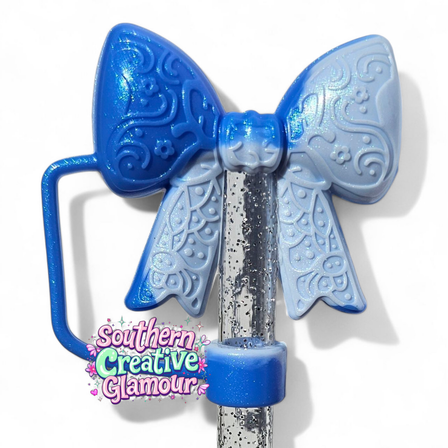 Blue Swirl Paisley 3D Bow Silicone 10mm Straw Topper | Straw Cover by Southern Creative Glamour 