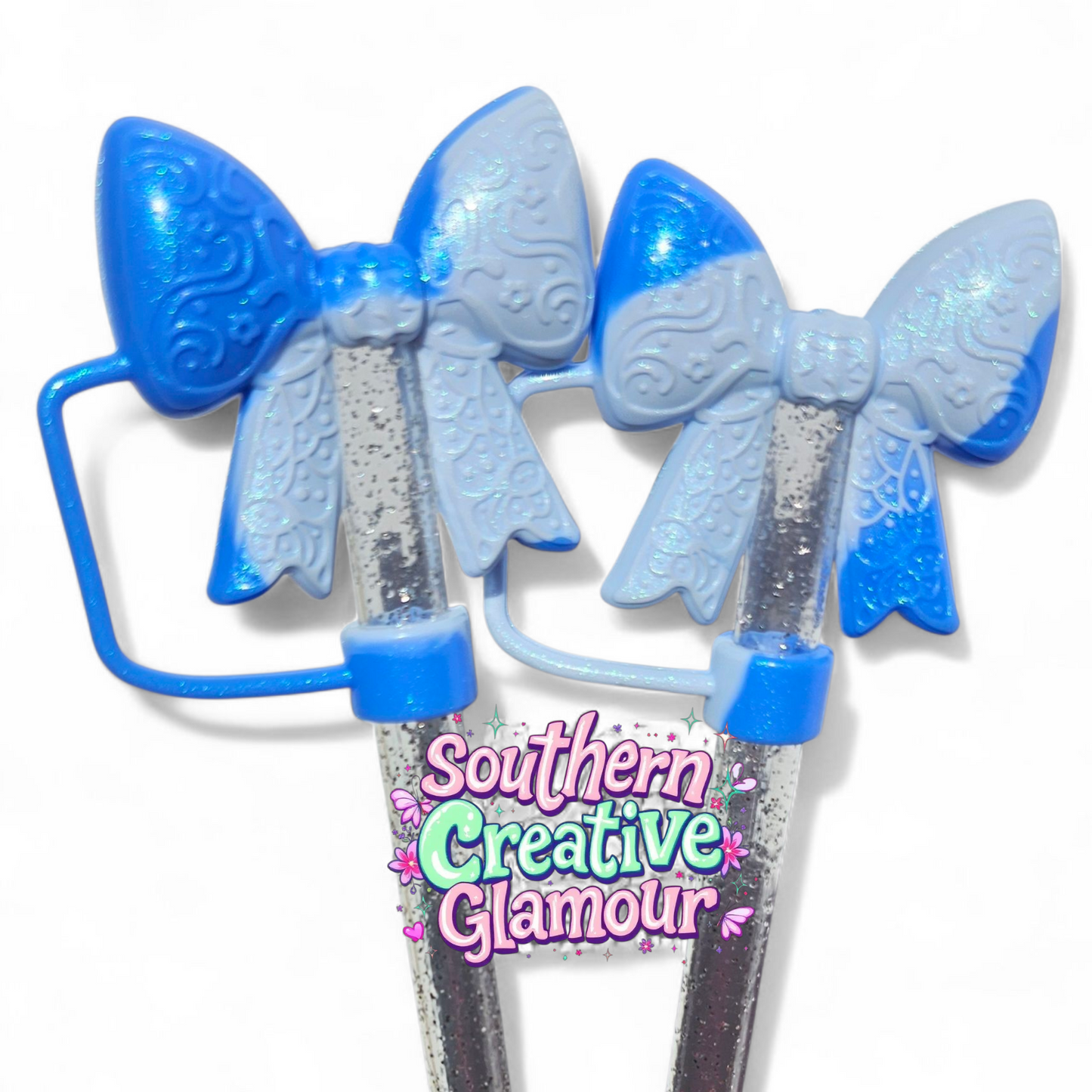 Blue Swirl Paisley 3D Bow Silicone 10mm Straw Topper | Straw Cover by Southern Creative Glamour 