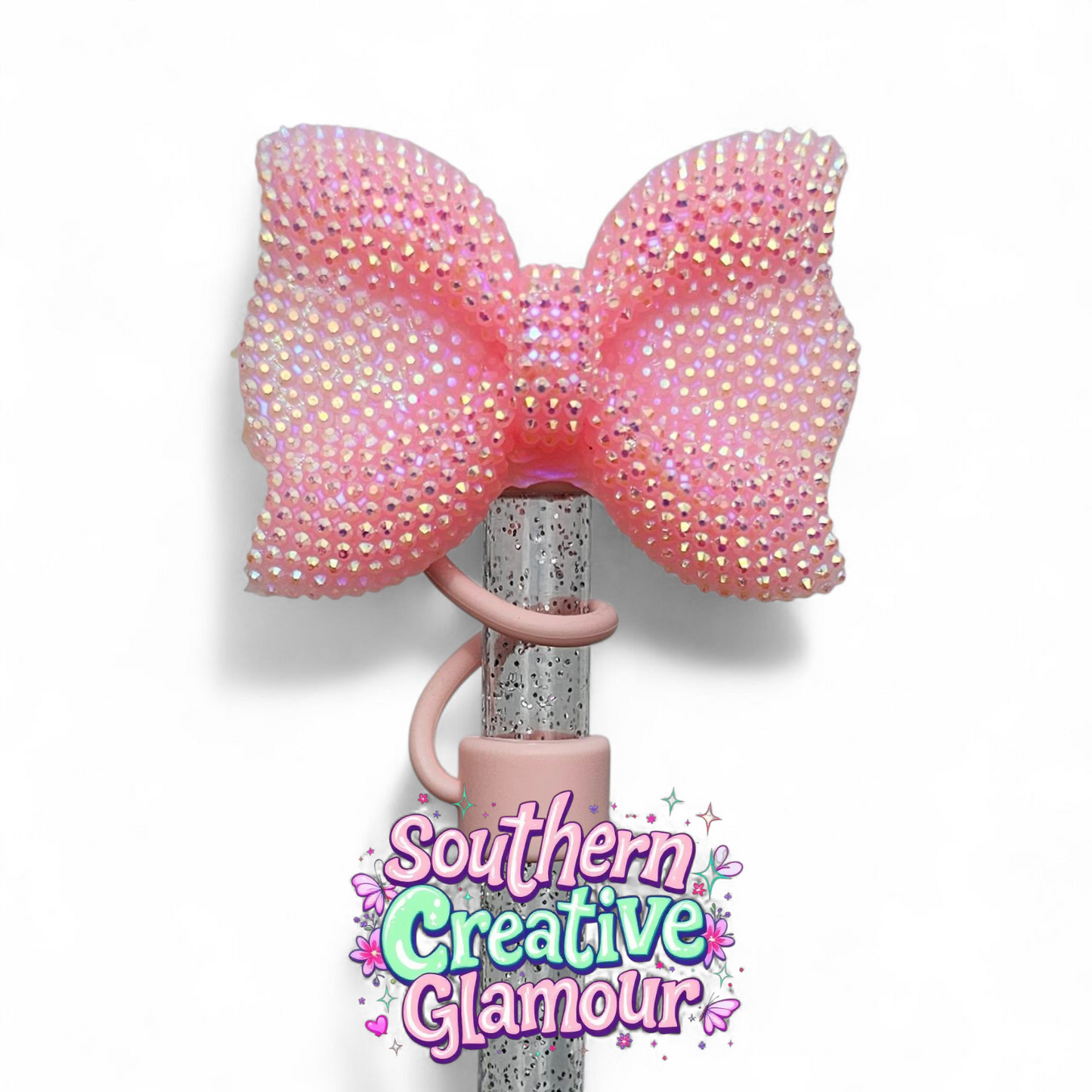 Blush Pink Glitter Bow Silicone 10mm Straw Topper | Straw Cover by Southern Creative Glamour 