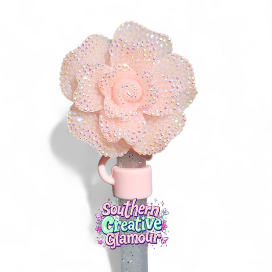 Blush Pink Glitter Rose 10mm Straw Topper by Southern Creative Glamour 