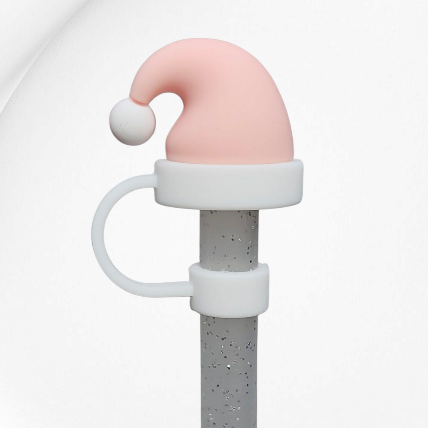 Light Pink Christmas Santa Hat 3D Silicone Straw Topper. 
