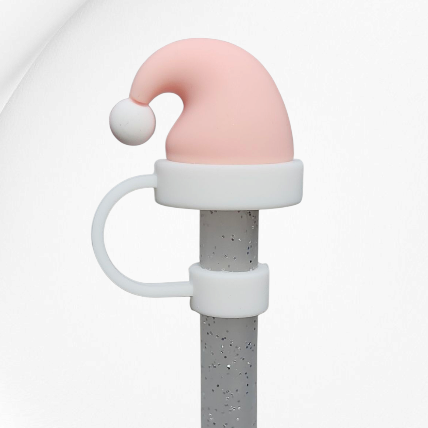 Light Pink Christmas Santa Hat 3D Silicone Straw Topper. 