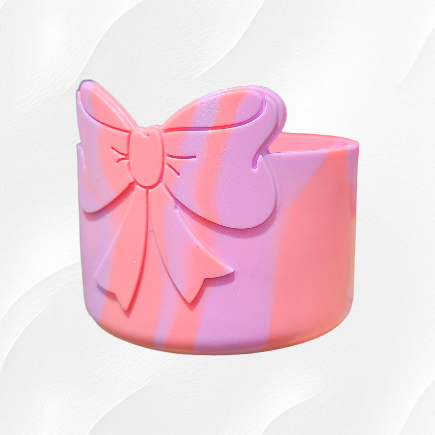 Purple Bubblegum Swirl Shimmer is a Southern Creative Glamour Exclusive color with a mix of lavender purple and bubblegun pink in this gorgeous Coquette Bow Silicone Tumbler Boot. 