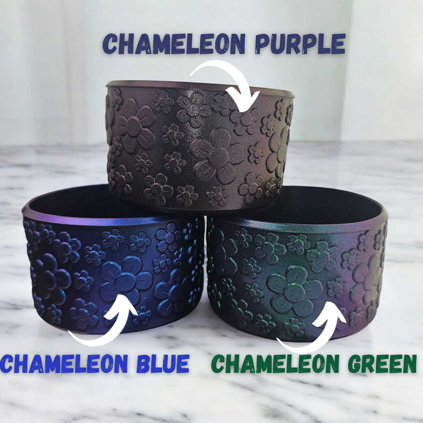 Comparison photo between Chameleon Purple, Chameleon Blue, and Chameleon Green. All listed separately on the website. 