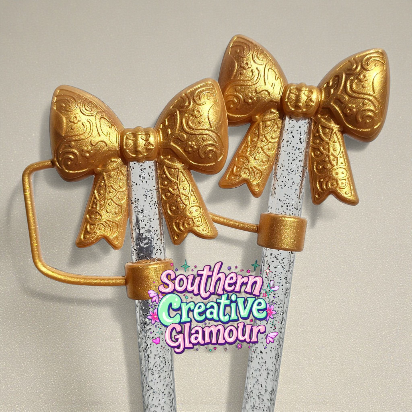 Gold Shimmer Paisley 3D Bow Silicone 10mm Straw Topper | Straw Cover by Southern Creative Glamour 