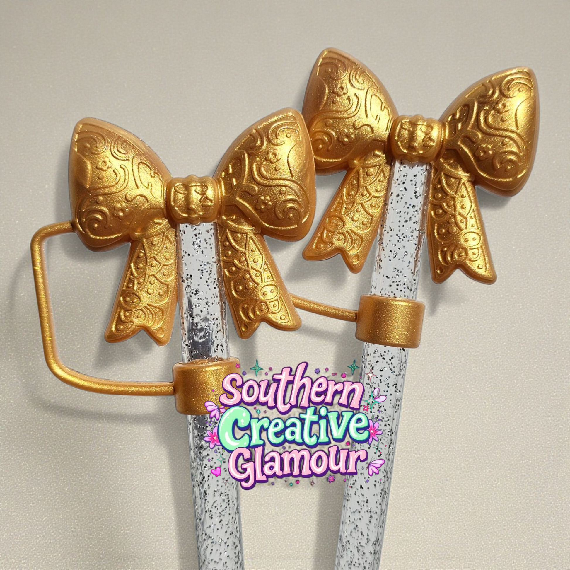 Gold Shimmer Paisley 3D Bow Silicone 10mm Straw Topper | Straw Cover by Southern Creative Glamour 