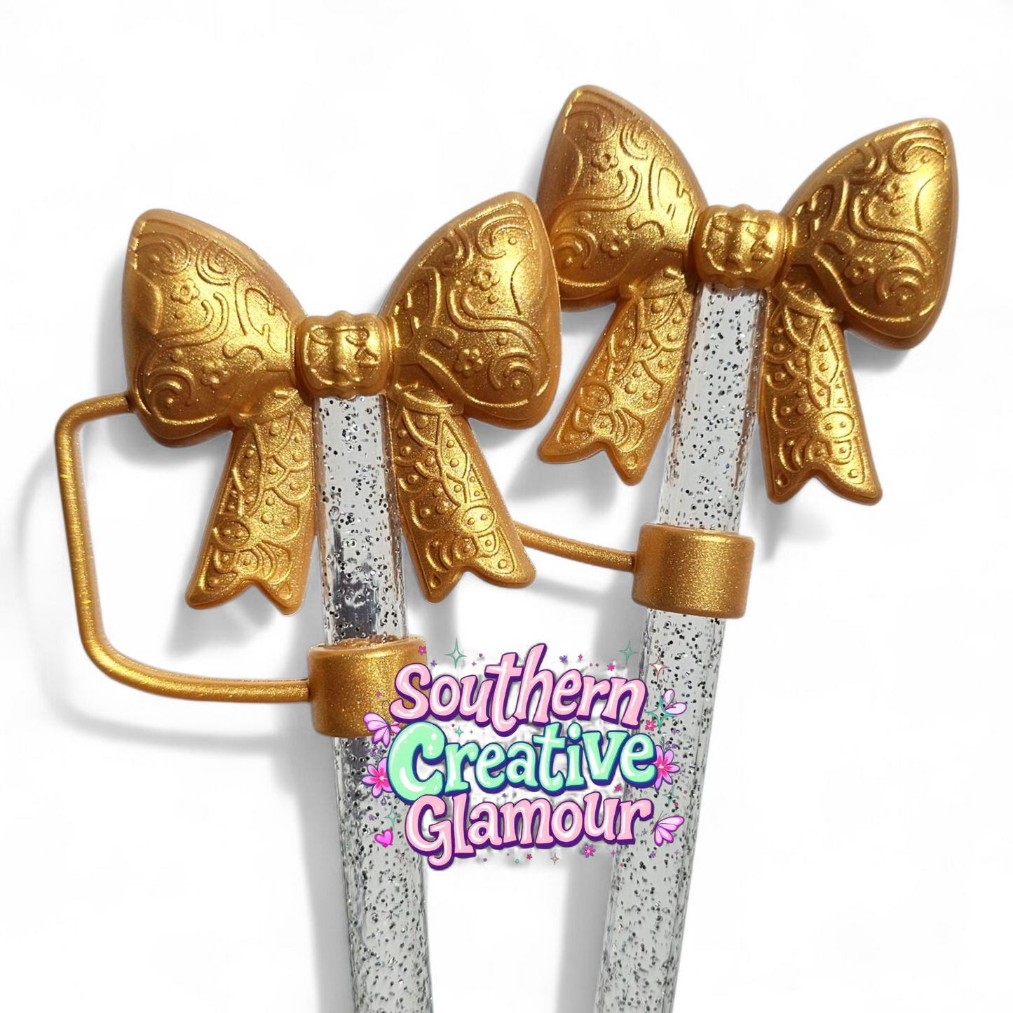 Gold Shimmer Paisley 3D Bow Silicone 10mm Straw Topper | Straw Cover by Southern Creative Glamour 