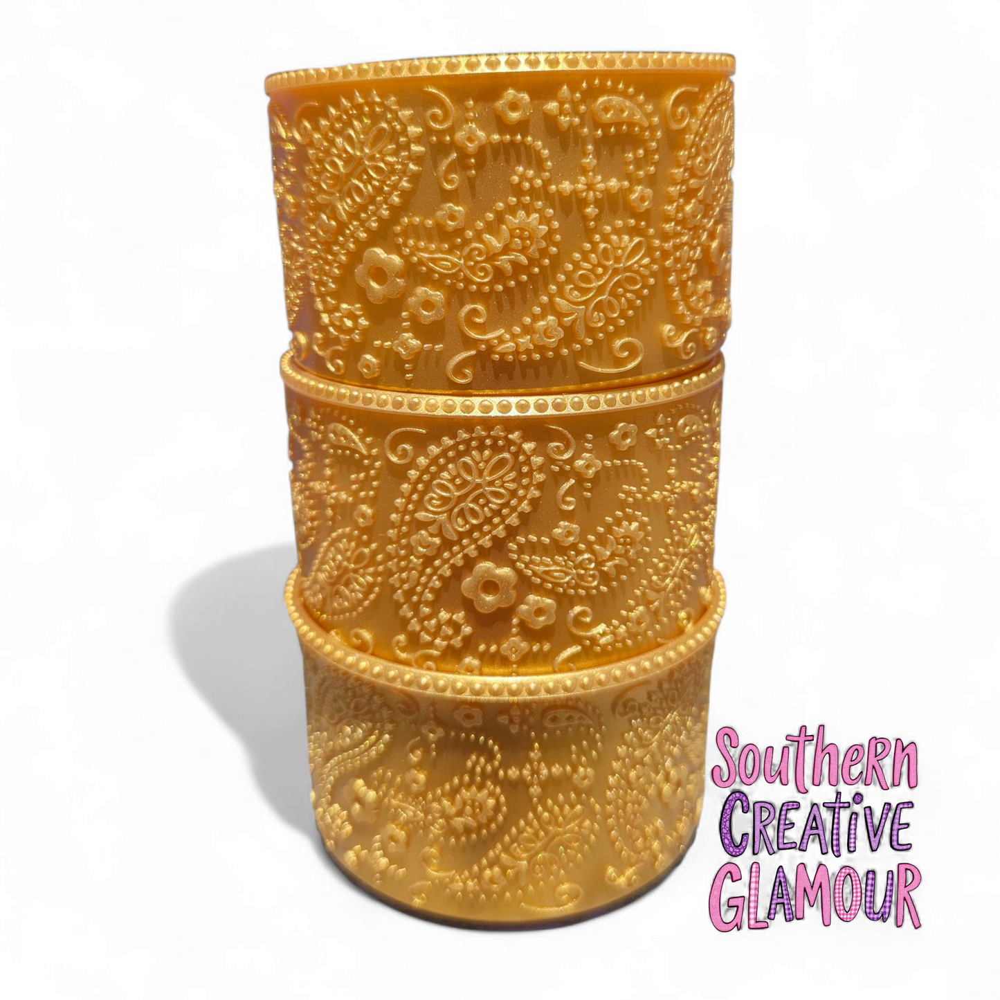Gold Shimmer Silicone Tumbler Boot with 3D Textured Floral and Paisley Design by Southern Creative Glamour. 