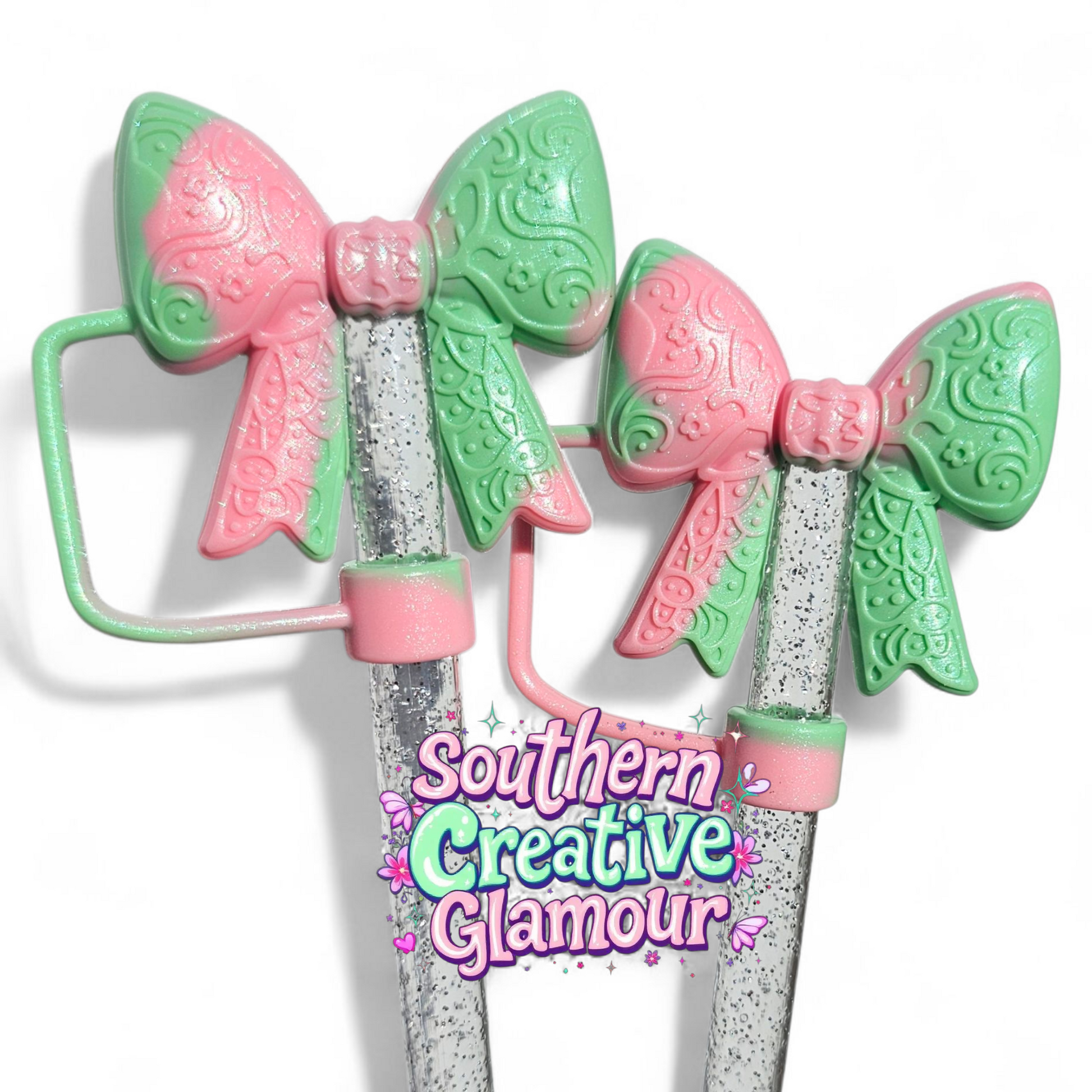 Watermelon Shimmer Paisley 3D Bow Silicone 10mm Straw Topper | Straw Cover by Southern Creative Glamour 