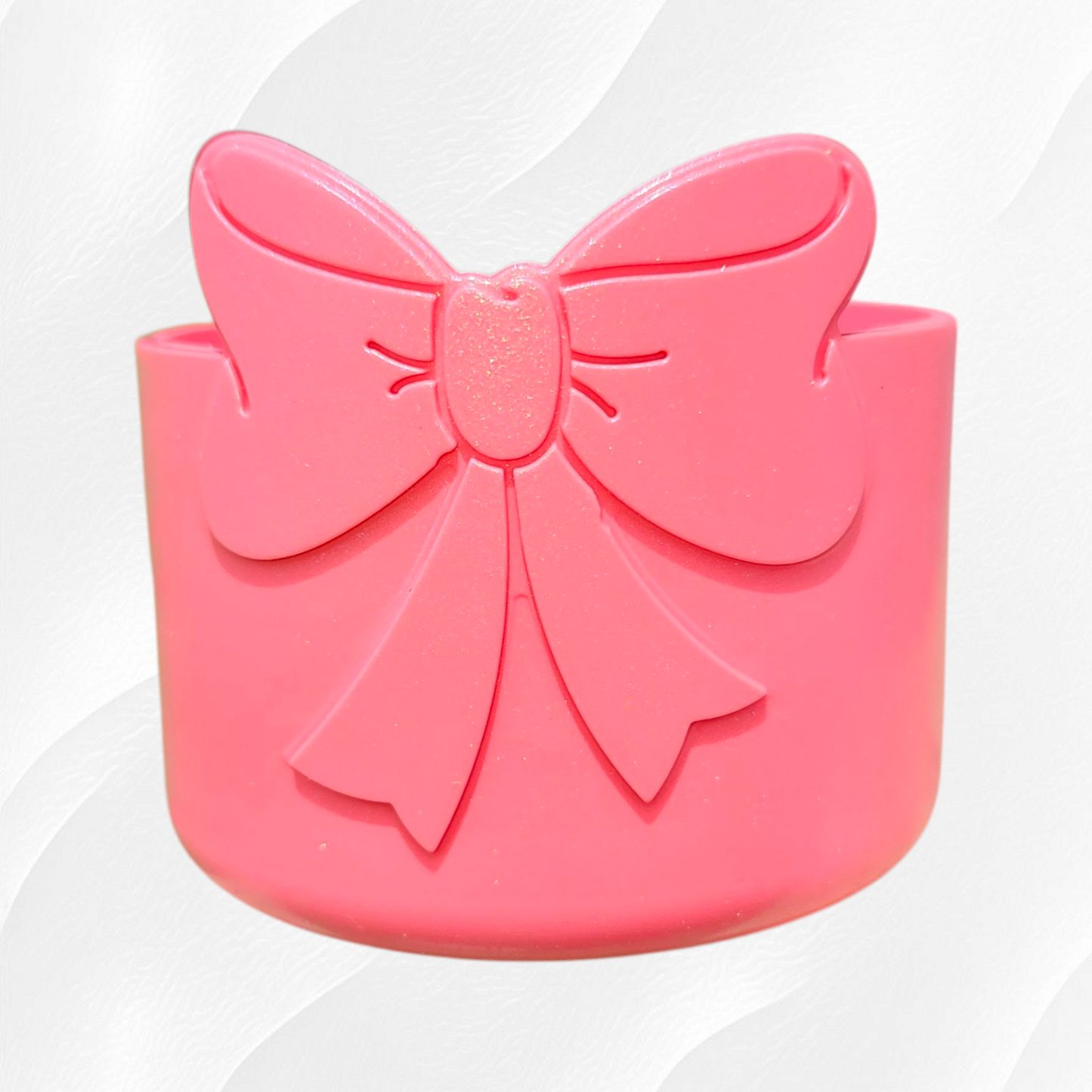 Hot Coral Shimmer Bow Silicone Tumbler Boot. 