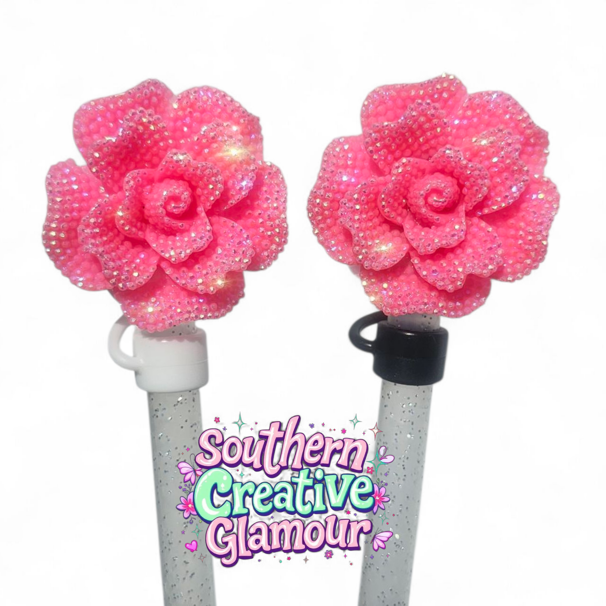 Malibu Pink Glitter Rose Silicone 10mm Straw Toppers | Straw Covers by Southern Creative Glamour 