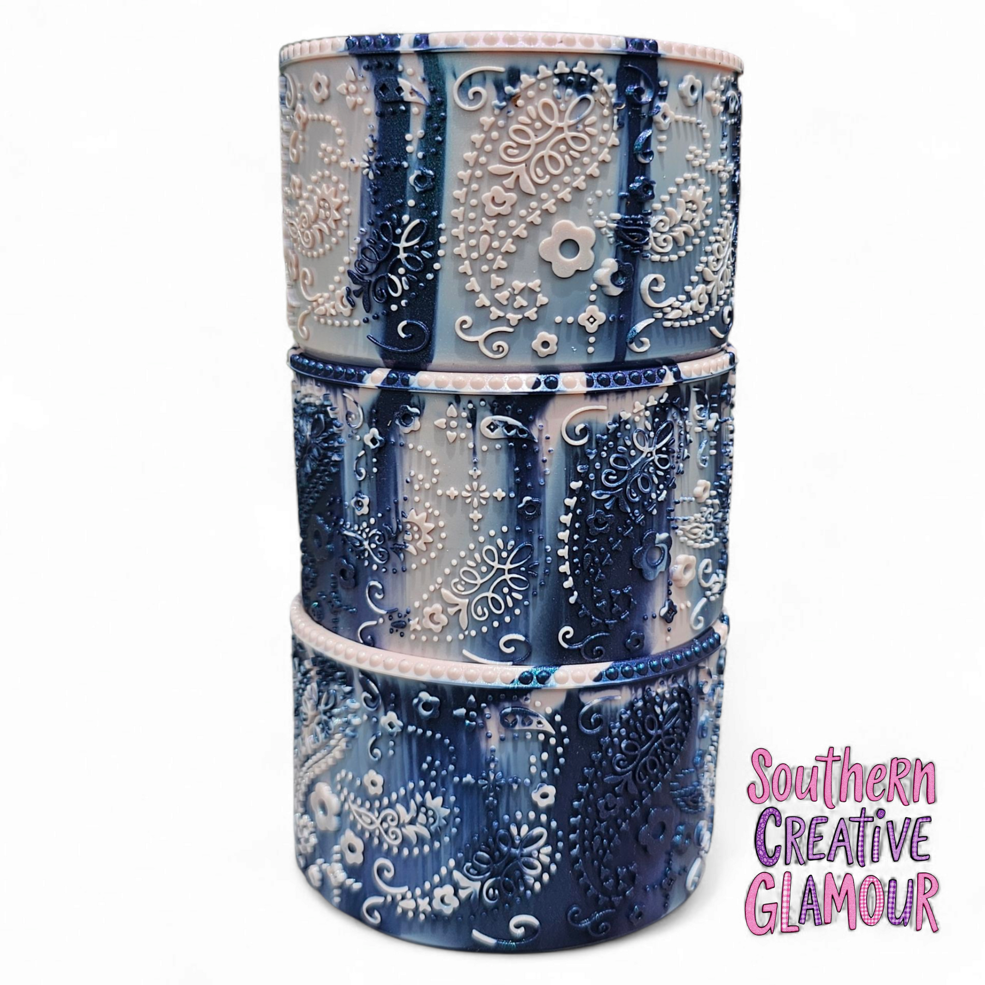 Chrome Pink Dusk Shimmer Silicone Tumbler Boot with 3D Textured Floral and Paisley Design by Southern Creative Glamour. 