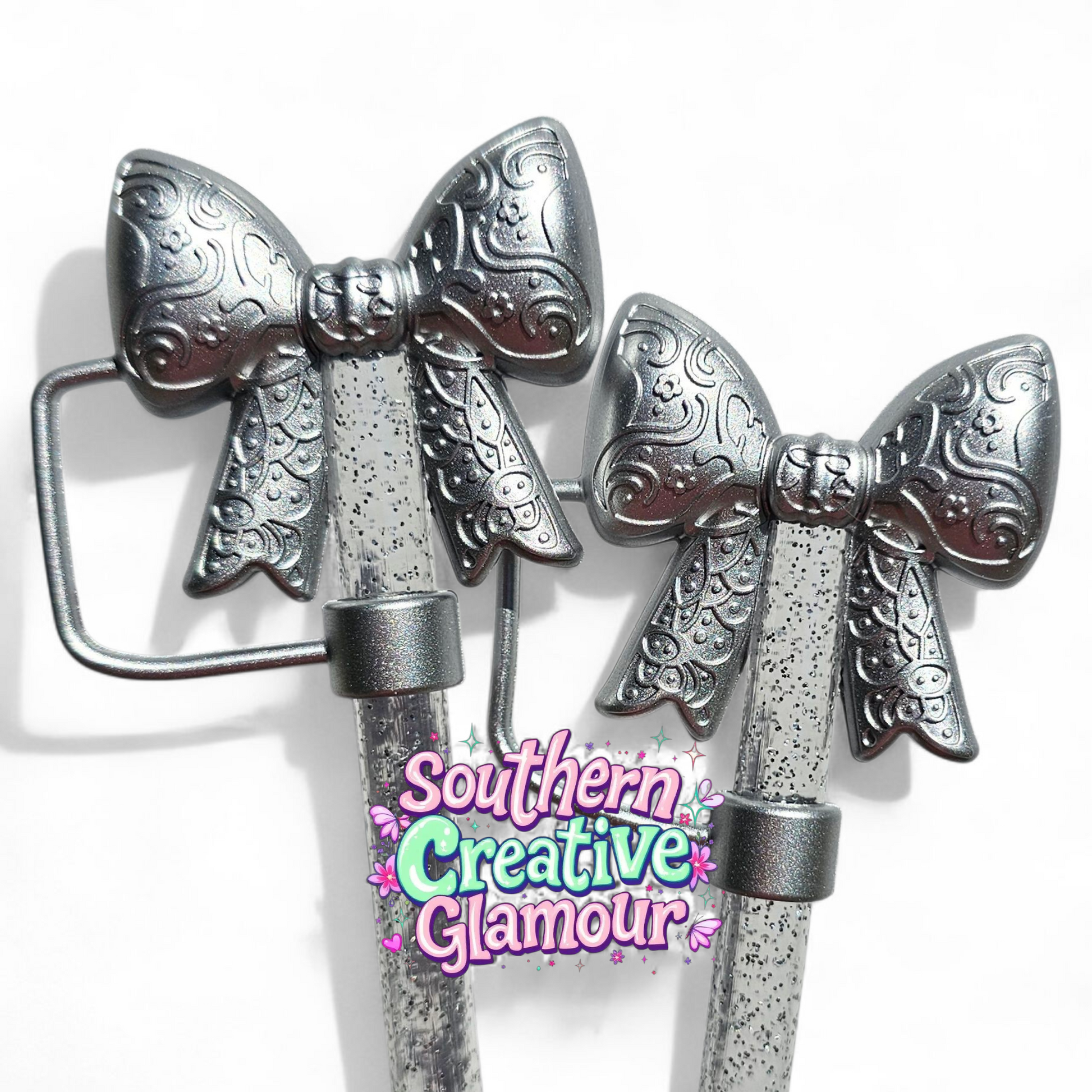 Metallic Silver Shimmer Paisley 3D Bow Silicone 10mm Straw Topper | Straw Cover by Southern Creative Glamour 
