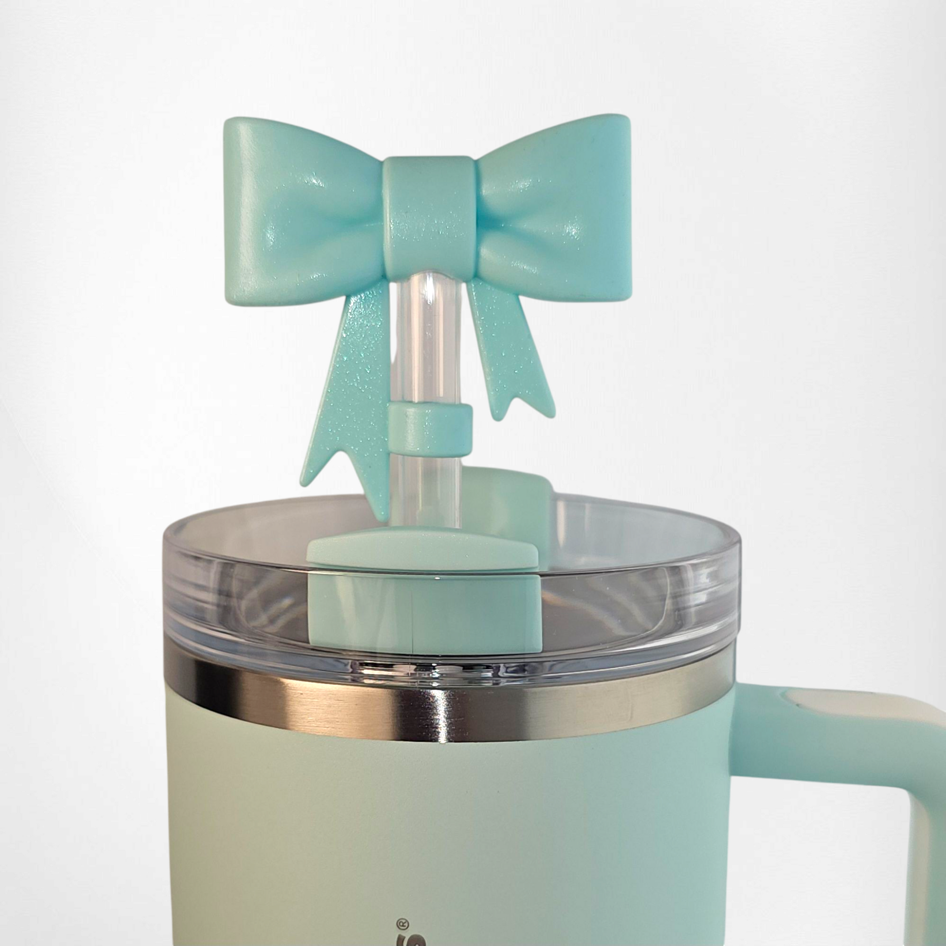 Mint Shimmer Coquette Ribbon Bow 3D Silicone Straw Topper  - Straw Cover. Fits 10mm Straws and Stanley Straws. 