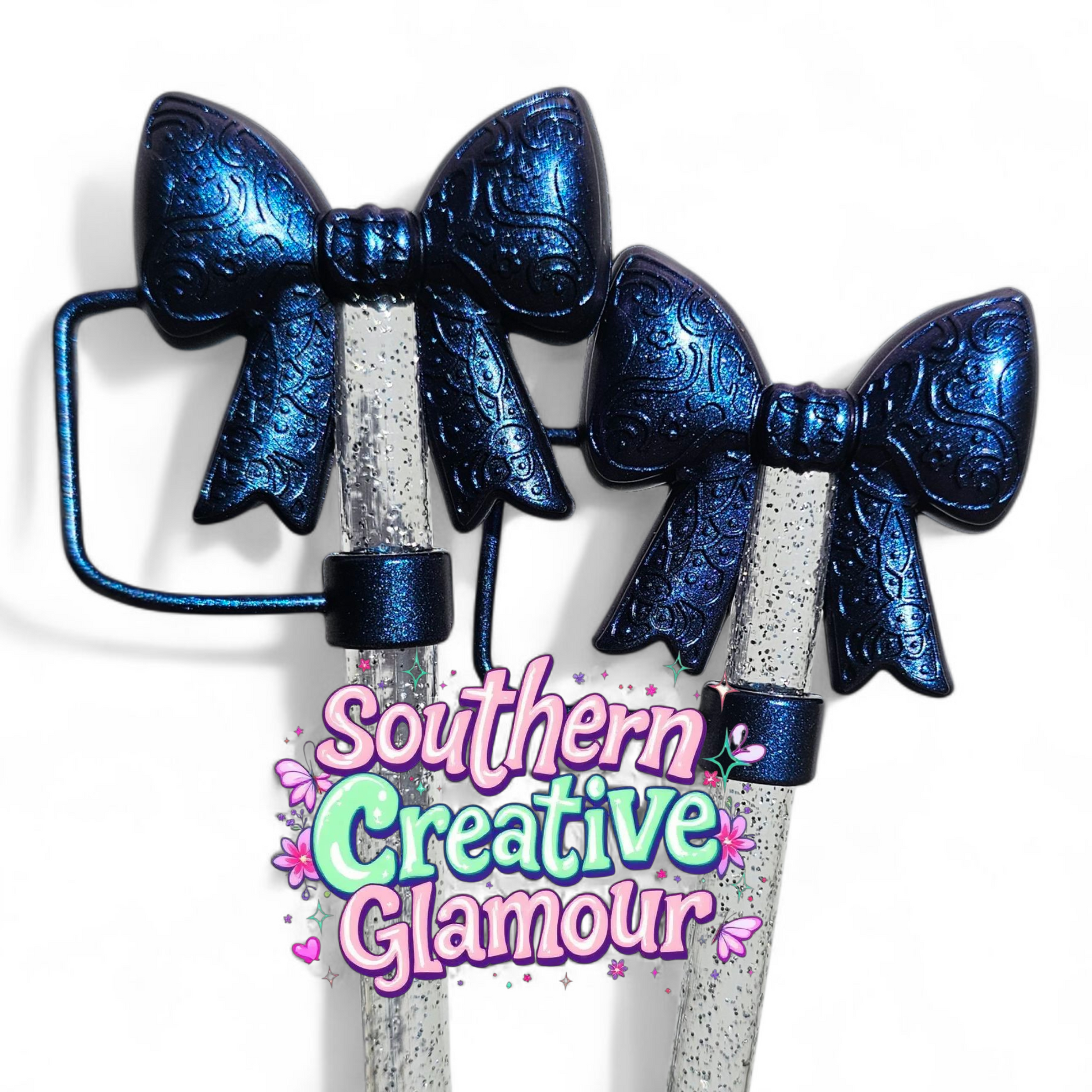 Metallic Blue Shimmer Paisley 3D Bow Silicone 10mm Straw Topper | Straw Cover by Southern Creative Glamour 