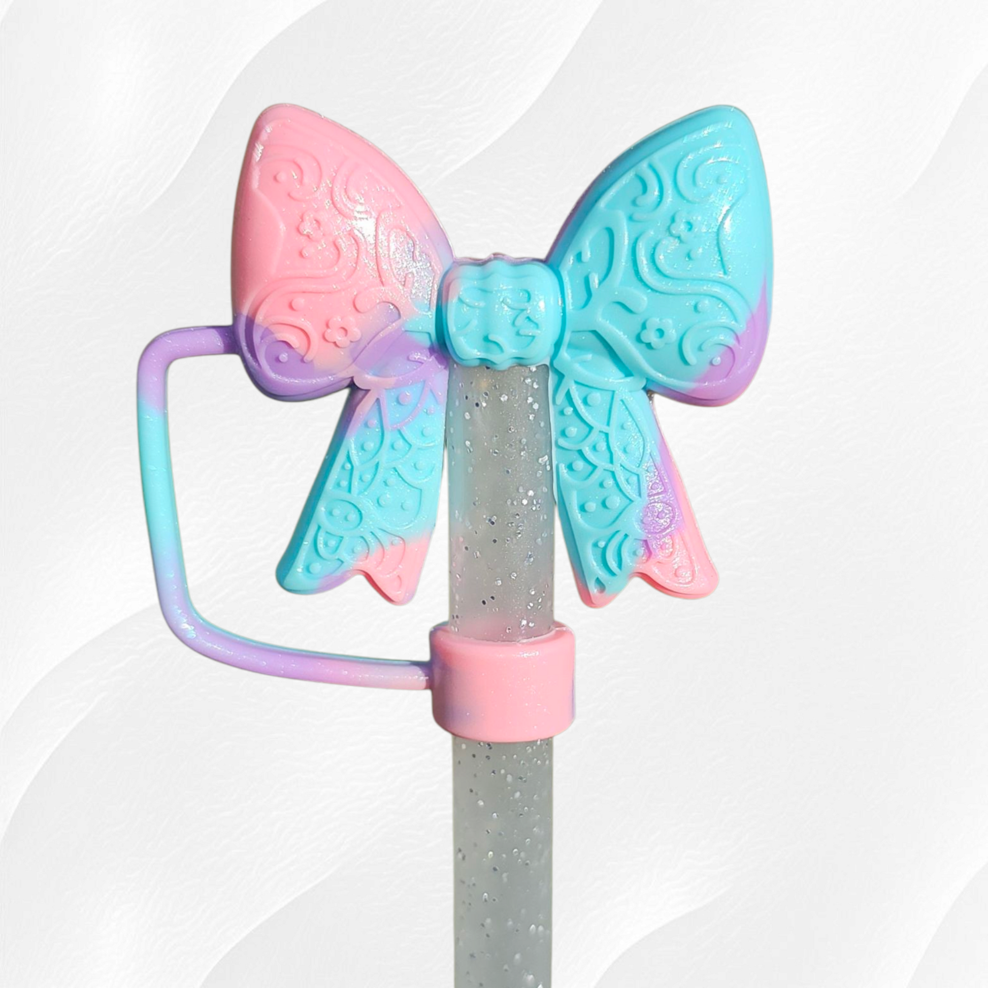 Pastel Swirl Shimmer 3D Lace Ribbon Bow Silicone Straw Topper. 