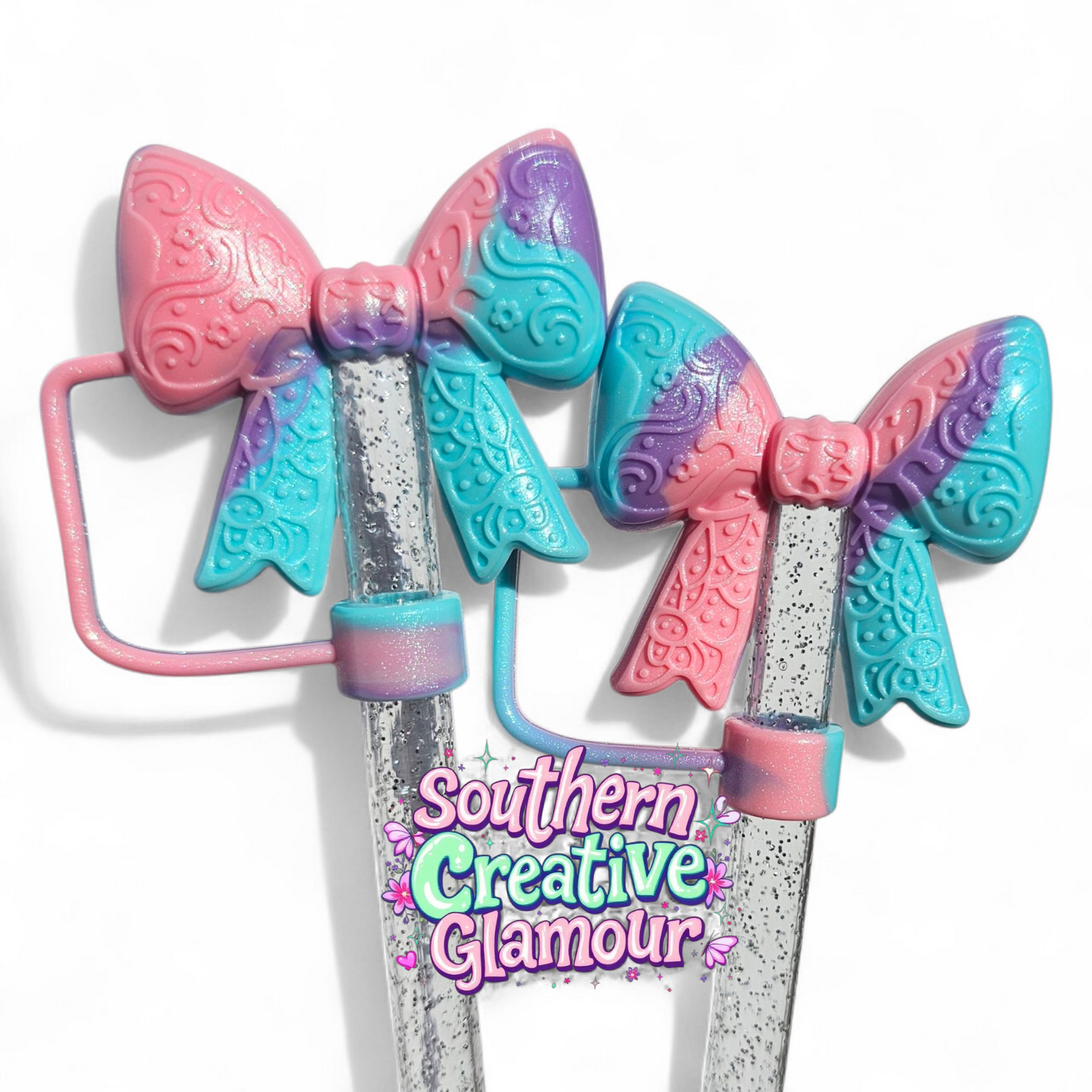 Pastel Swirl Shimmer Paisley 3D Bow Silicone 10mm Straw Topper | Straw Cover by Southern Creative Glamour 