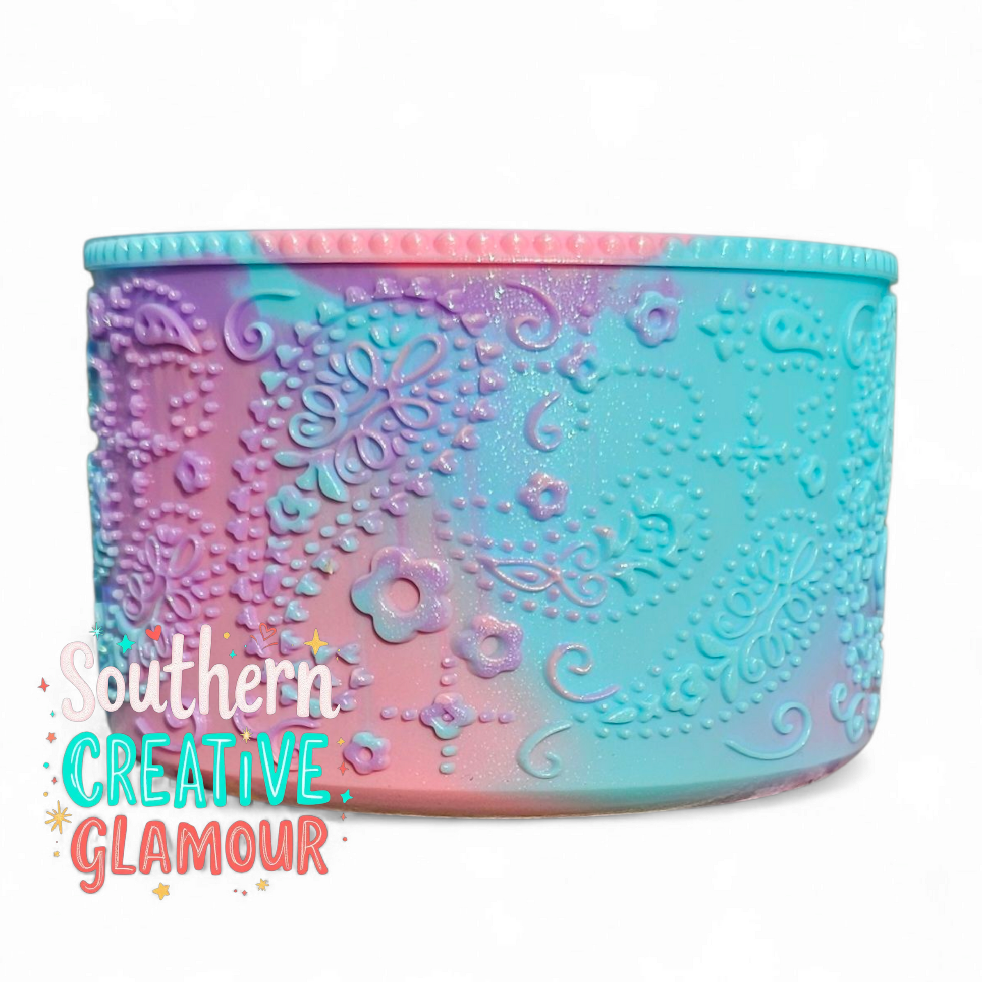 Pastel Pop Swirl Shimmer Silicone Tumbler Boot with 3D Textured Floral and Paisley Design by Southern Creative Glamour. 