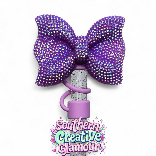 Lavender Purple Glitter Bow Silicone 10mm Straw Topper | Straw Cover by Southern Creative Glamour 
