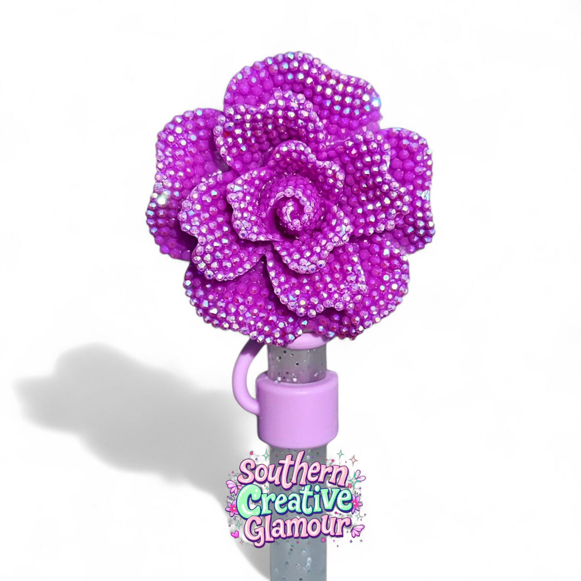 Violet Purple Glitter Rose 10mm Straw Topper by Southern Creative Glamour 