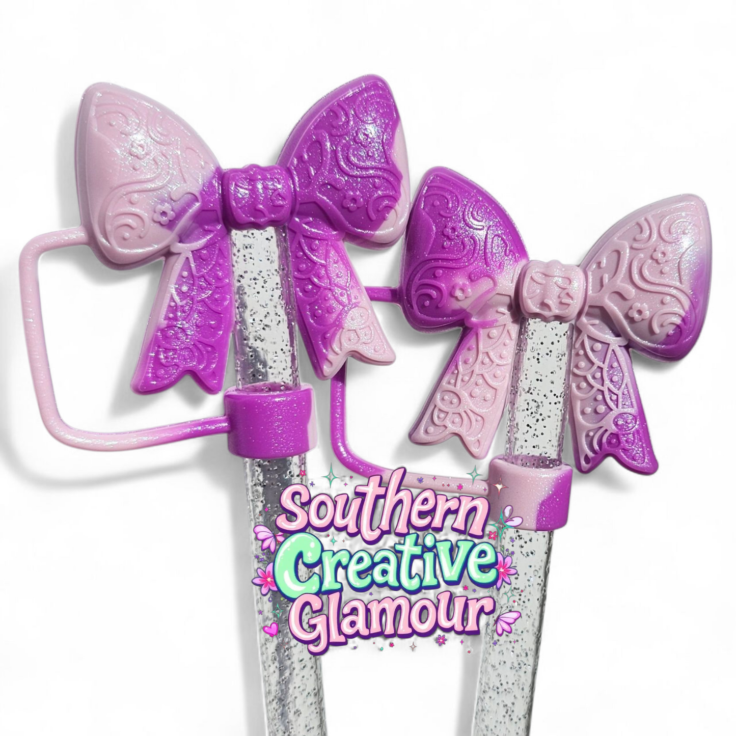 Purple Swirl Shimmer Paisley 3D Bow Silicone 10mm Straw Topper | Straw Cover by Southern Creative Glamour 