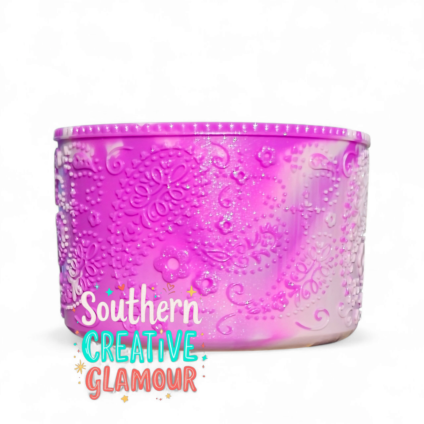 Purple Swirl Shimmer Silicone Tumbler Boot with 3D Textured Floral and Paisley Design by Southern Creative Glamour. 