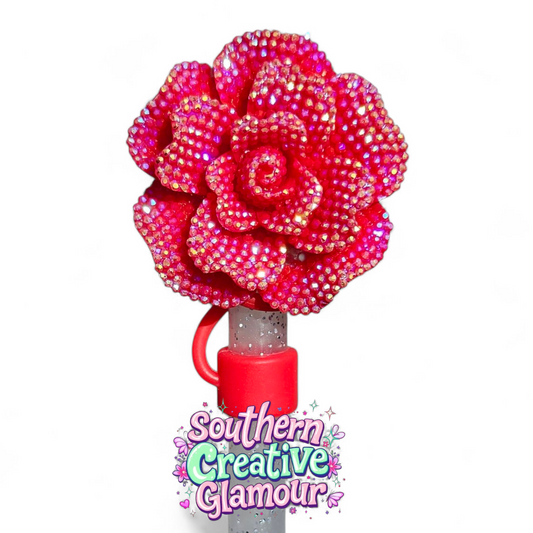 Red Glitter Rose 10mm Straw Topper by Southern Creative Glamour 
