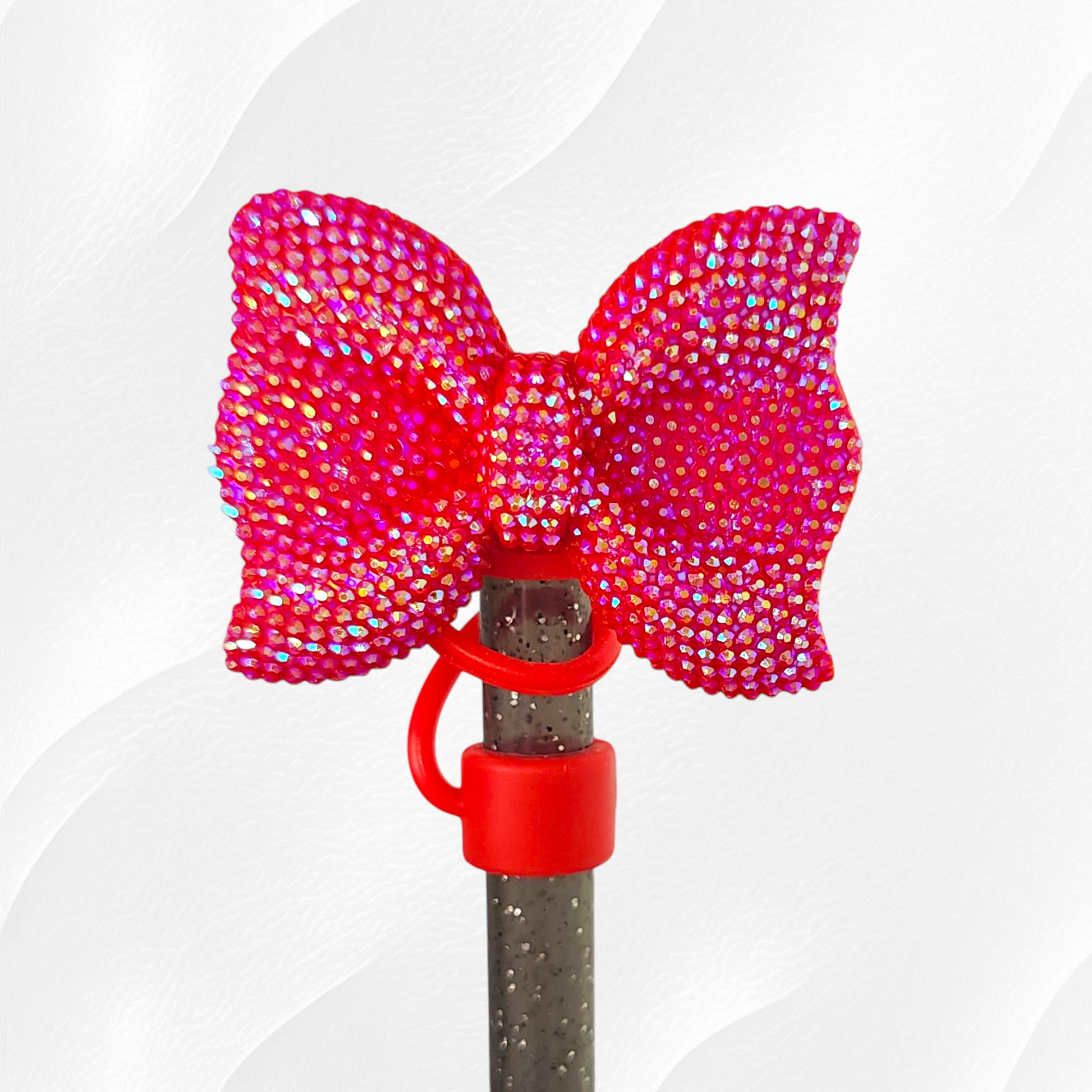 Rose Red Glitter Bow Tie Straw Topper  - Straw Cover. Fits 10mm Straws and Stanley Straws. 