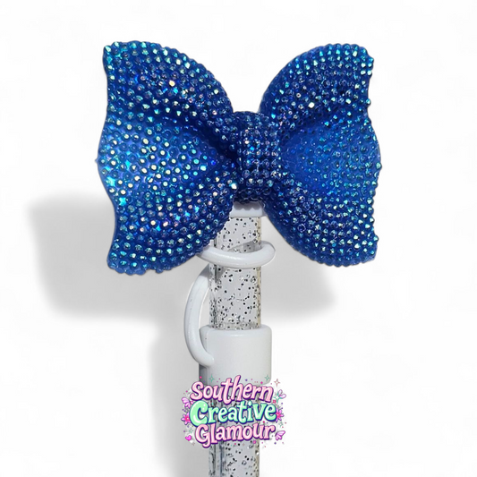 Blue Glitter Bow Silicone 10mm Straw Topper | Straw Cover by Southern Creative Glamour 