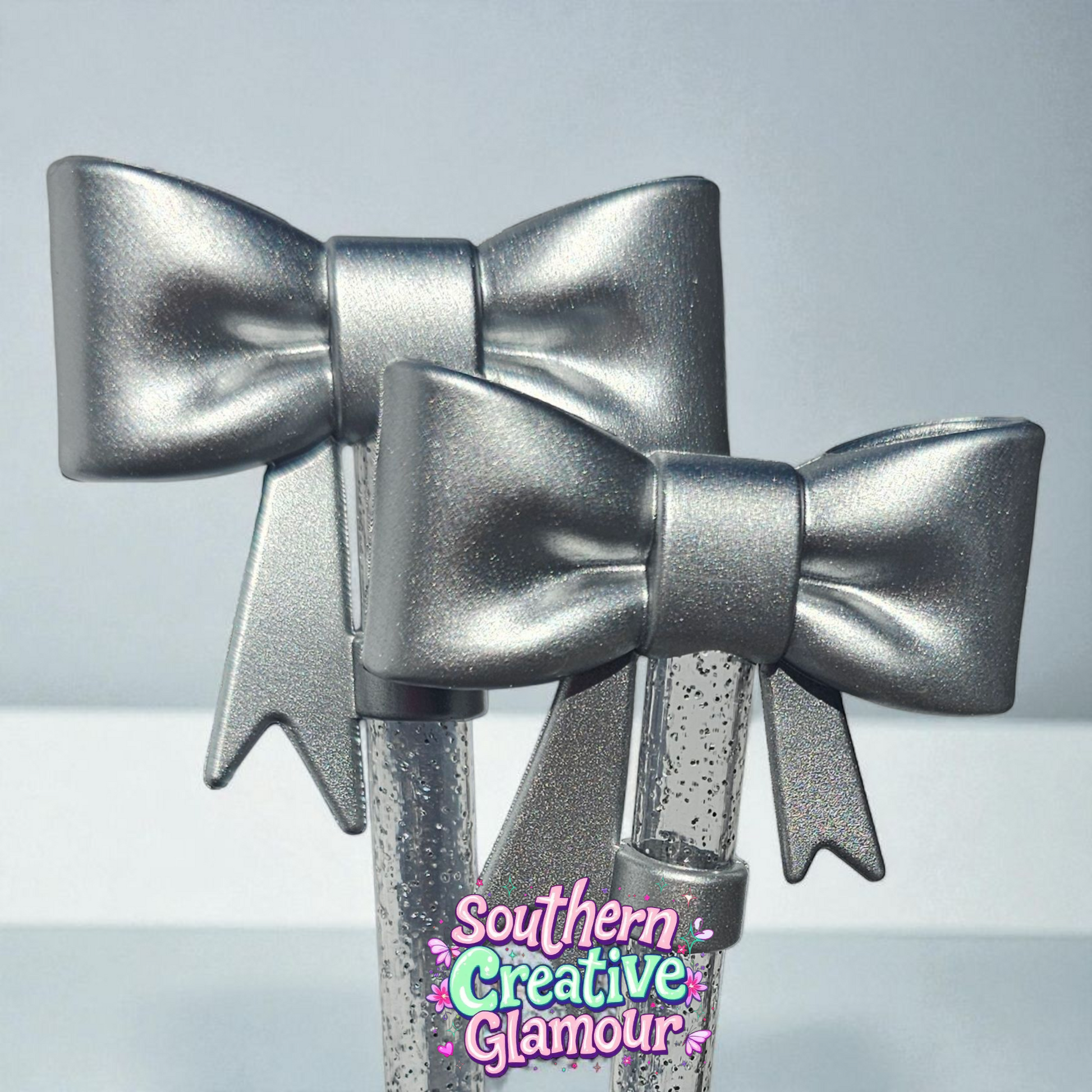 Metallic Silver Shimmer 3D Bow Silicone 10mm Straw Topper by Southern