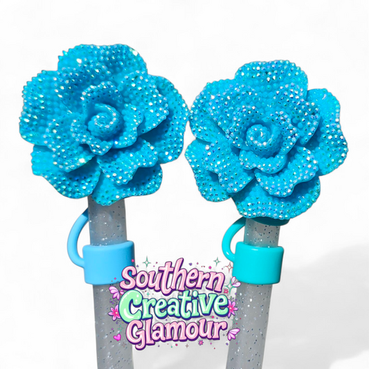 Glitter Rose 10mm Straw Topper - Teal Blue by Southern Creative Glamour 