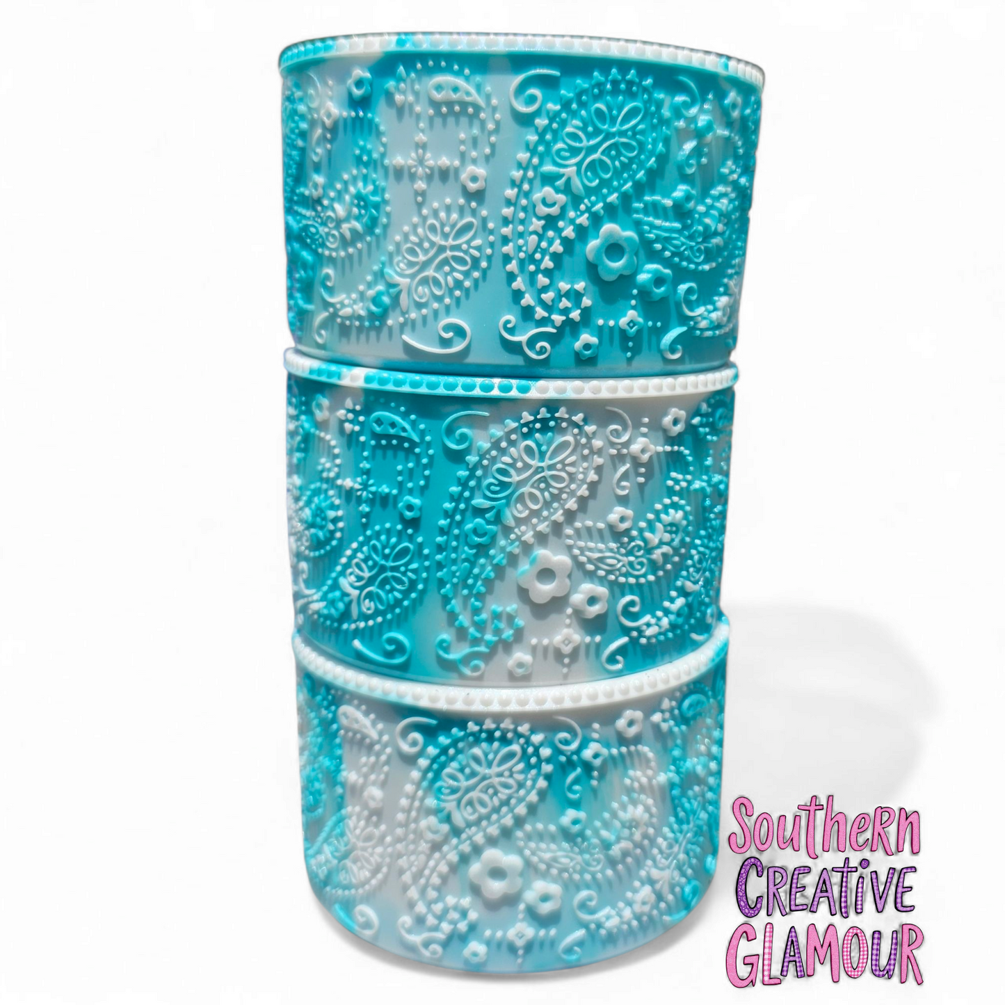 Tiffany Blue and White Swirl Shimmer Silicone Tumbler Boot with 3D Textured Floral and Paisley Design by Southern Creative Glamour. 