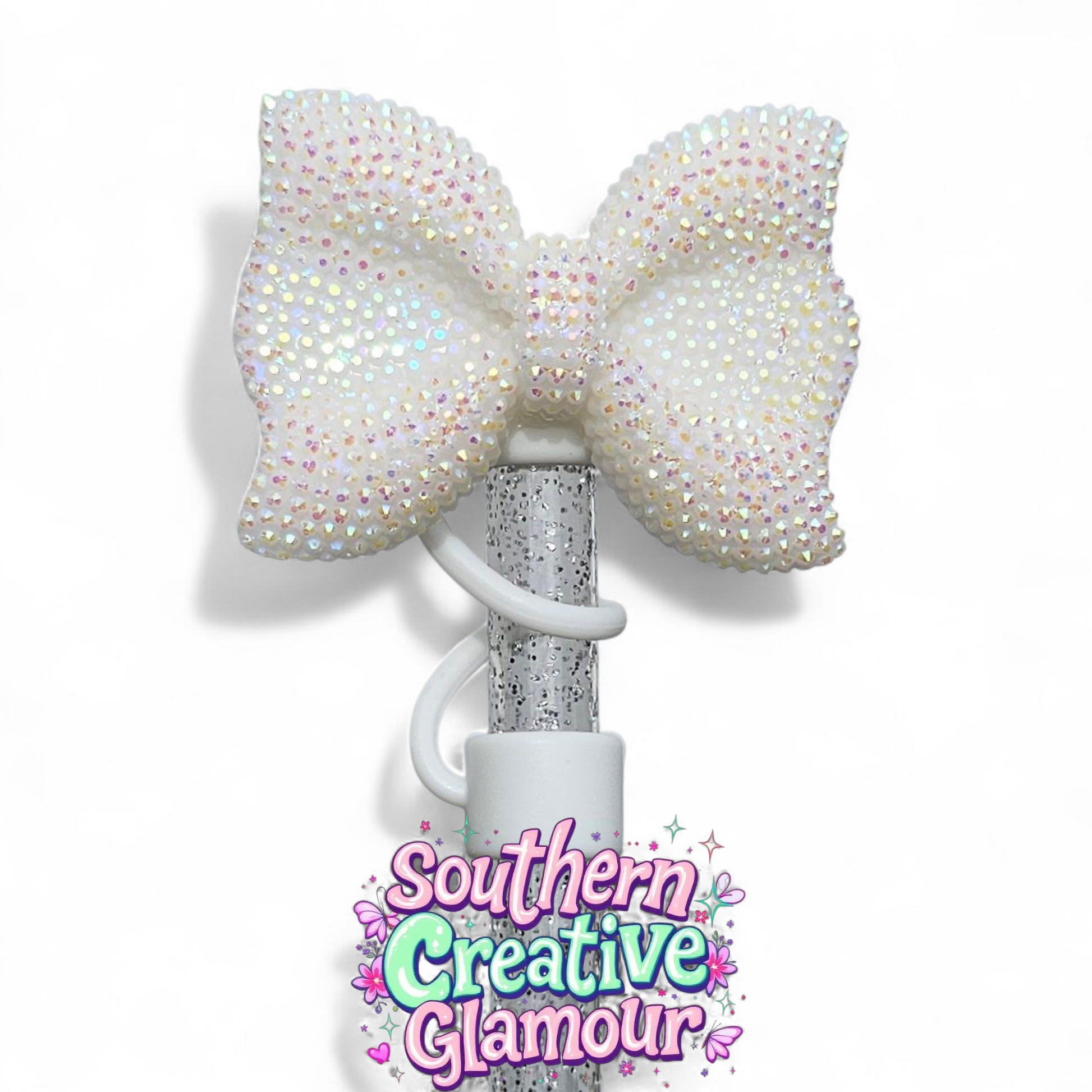 White Glitter Bow Silicone 10mm Straw Topper | Straw Cover by Southern Creative Glamour 