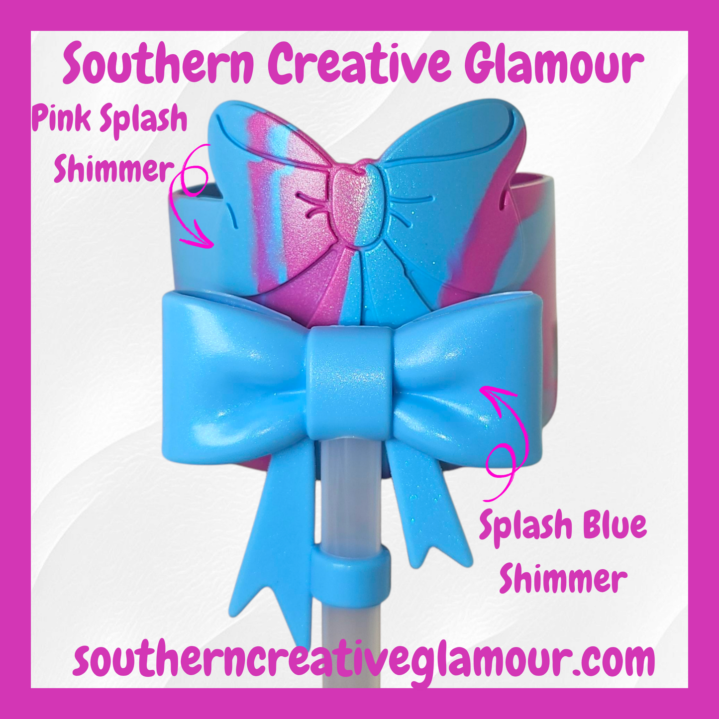 Splash Blue Shimmer 3D Bow Silicone Tumbler Boot | Tumbler Sleeve and Winter Pink 3D Bow Straw Topper Set by Southern Creative Glamour 