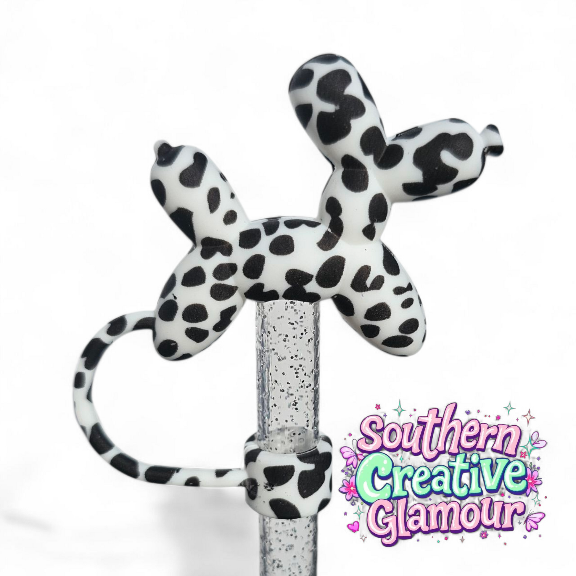 Black and White Cow Print Balloon Dog 10mm Straw Topper by Southern Creative Glamour 