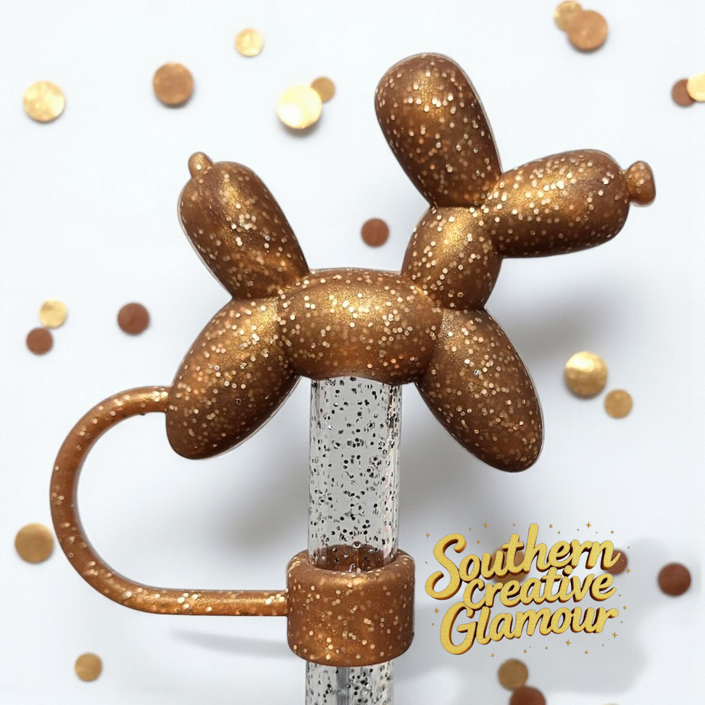 Bronze Glitter 3D Balloon Dog Silicone 10mm Straw Topper by Southern Creative Glamour 