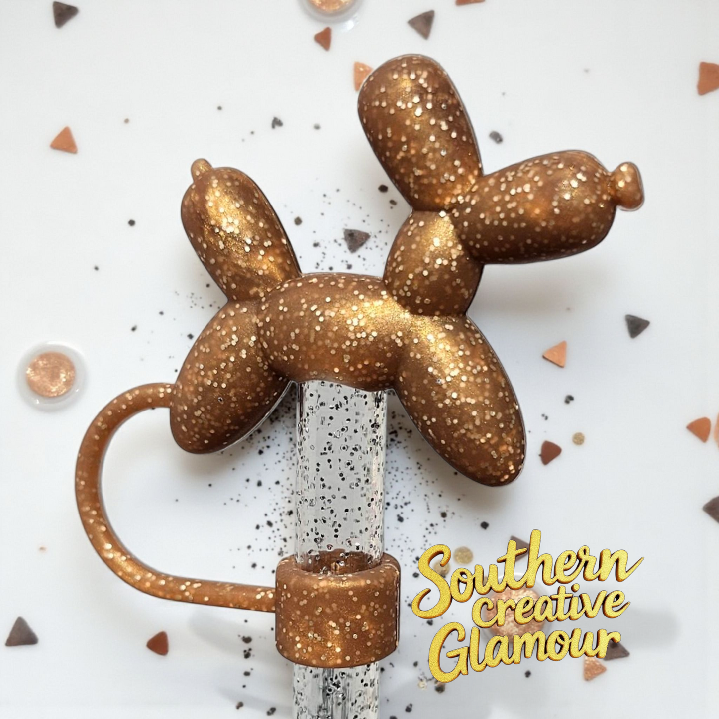 Bronze Glitter 3D Balloon Dog Silicone 10mm Straw Topper by Southern Creative Glamour 