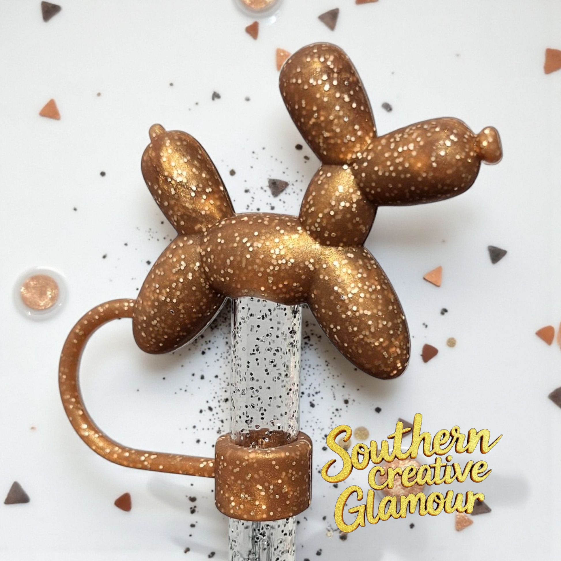 Bronze Glitter 3D Balloon Dog Silicone 10mm Straw Topper by Southern Creative Glamour 