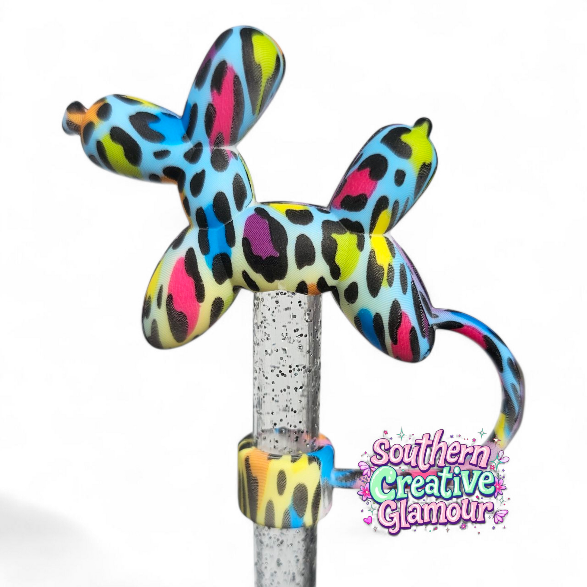 Rainbow Leopard 3D Balloon Dog Silicone 10mm Straw Topper by Southern Creative Glamour 