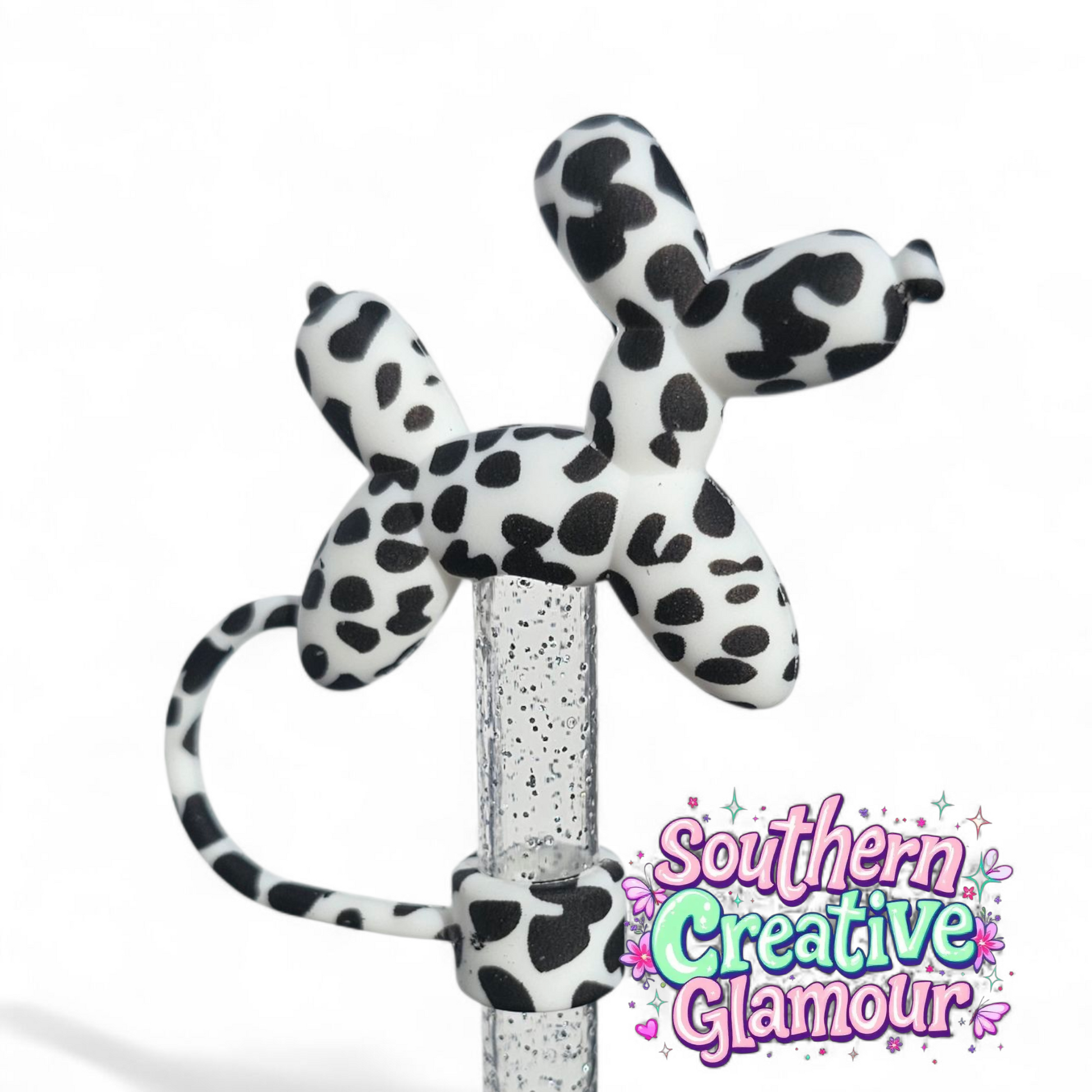 Black and White Cow Print Balloon Dog 10mm Straw Topper by Southern Creative Glamour 
